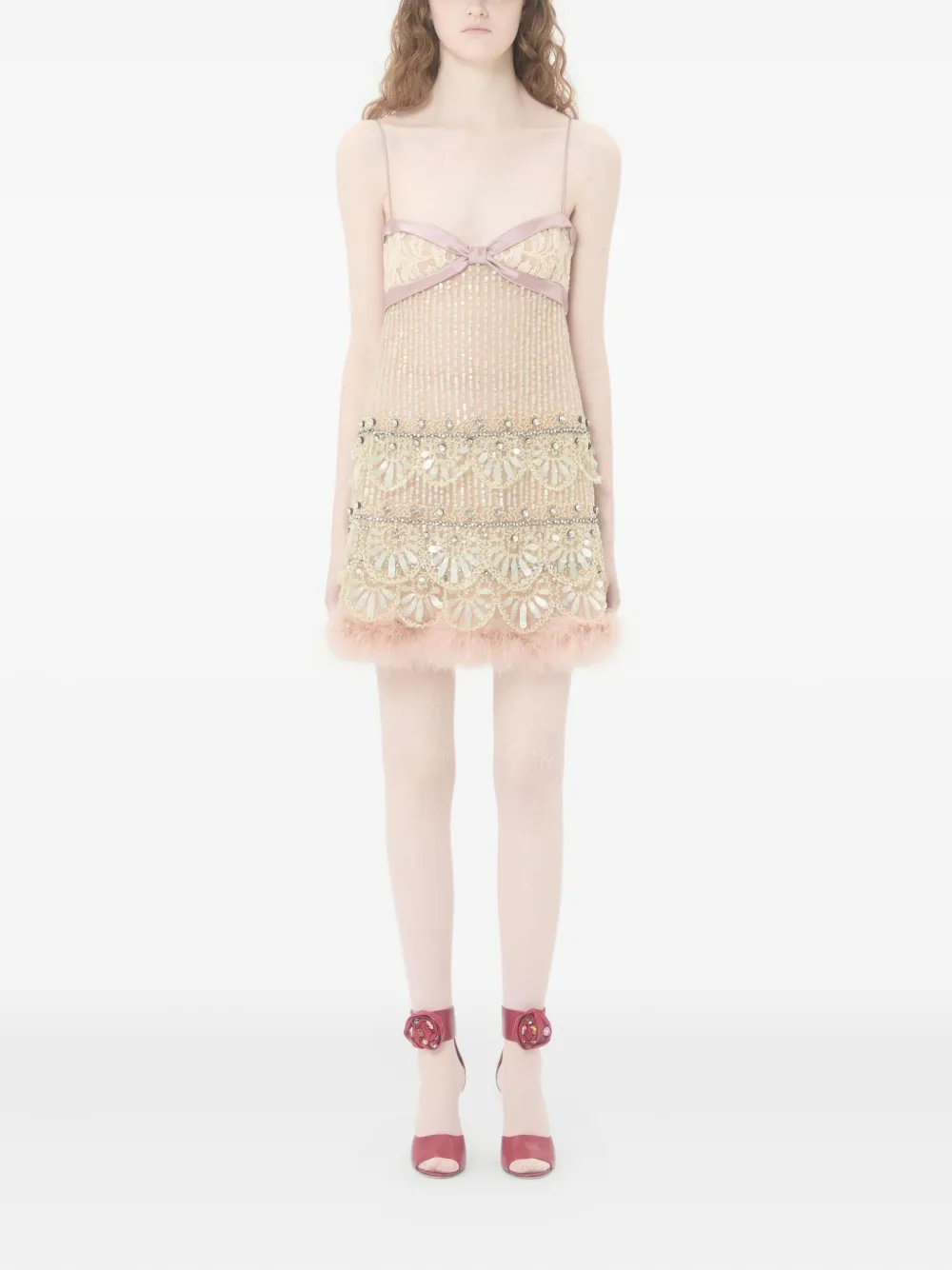 Valentino Garavani Mini-jurk met geborduurde veren afwerking Beige