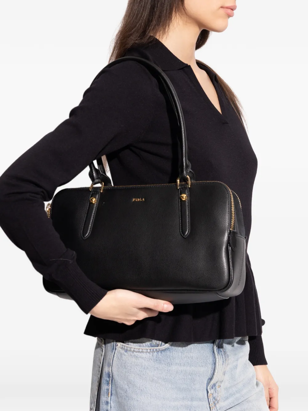 Furla Boston medium leren shopper met rits Zwart
