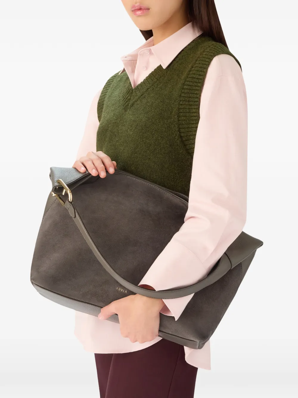 Furla Lara grote schoudertas met logodetail Grijs