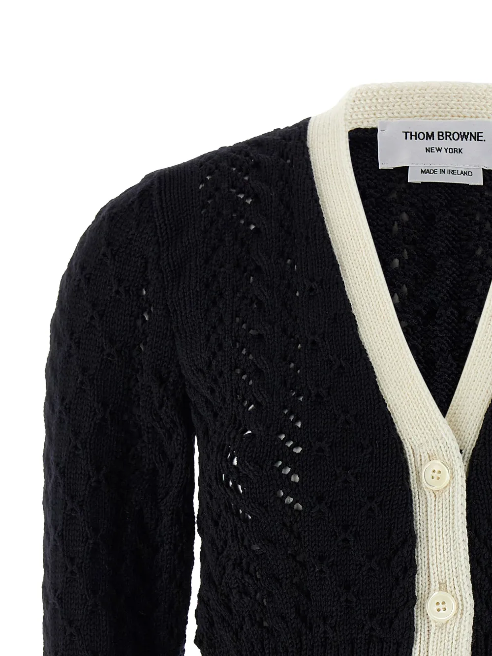 Thom Browne 4-bar Pointelle Cable Virgin Wool Cardigan In Black