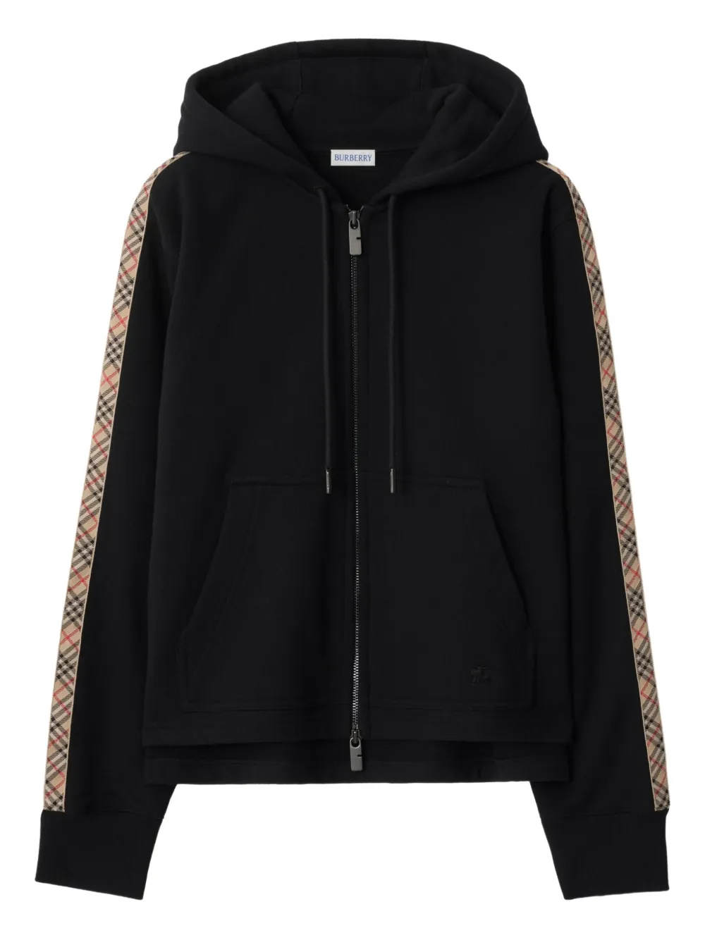 Burberry Check Trim Cotton Zip Hoodie In Black