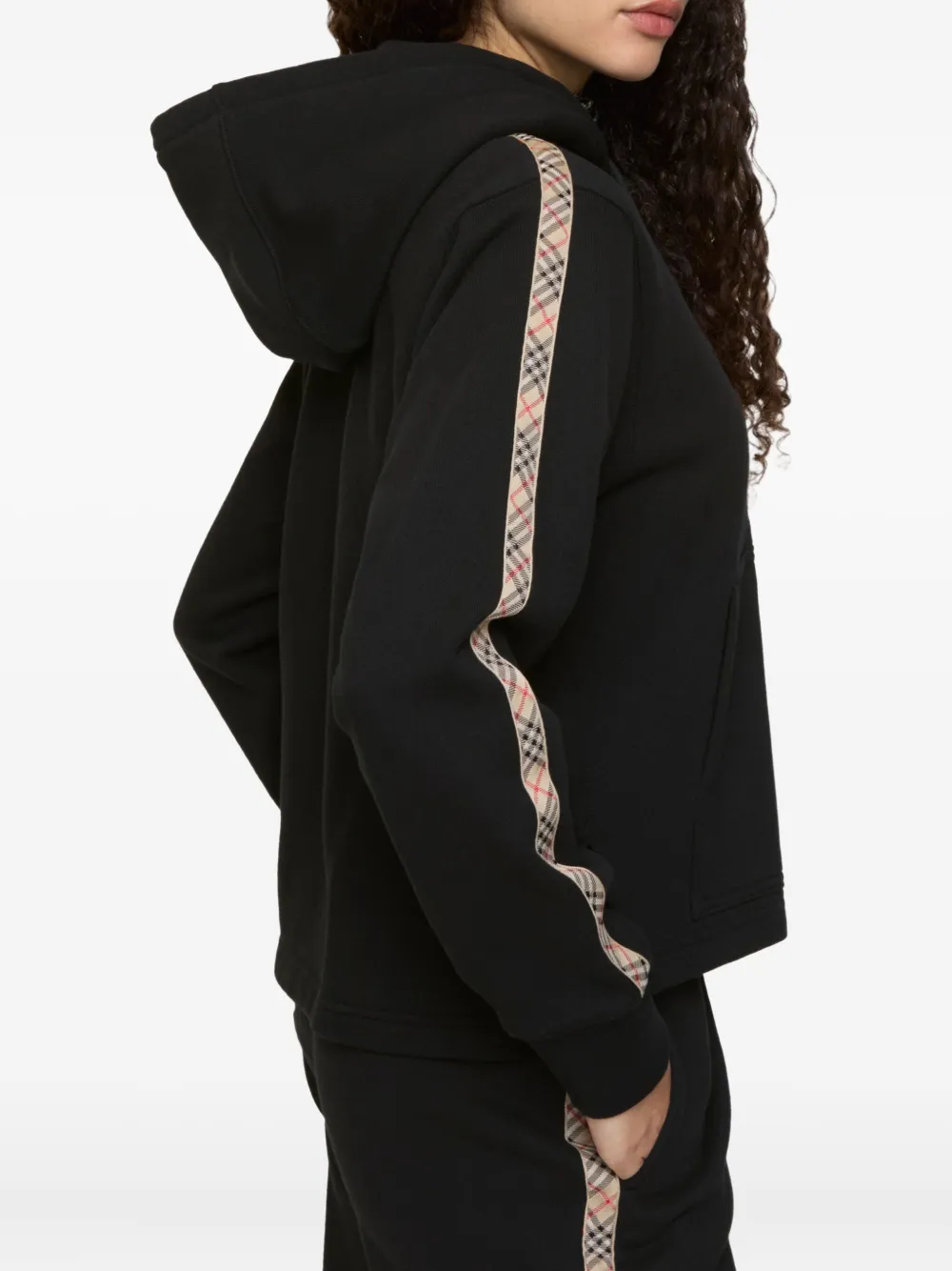 Burberry Check Trim Cotton Zip Hoodie In Black