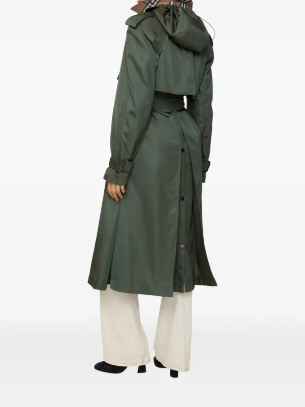 Burberry Hooded Belted Nylon Trench Coat | Green | FARFETCH
