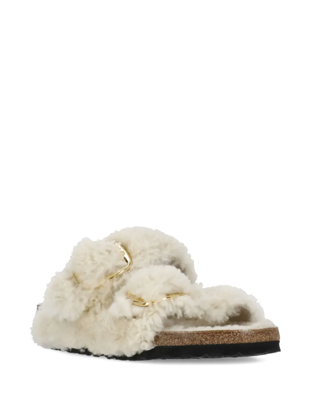 Birkenstock Teddy Fur Arizona Slippers With Gold Buckles In Neutral
