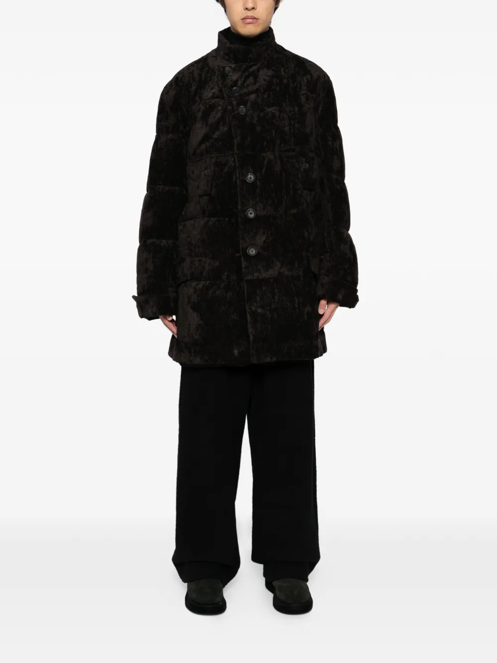 Yohji Yamamoto Linnen fluwelen horizontale gewatteerde jas - Bruin