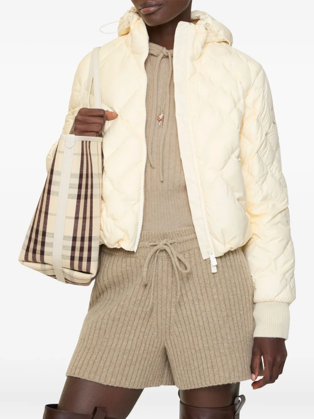  Burberry Check-stitch Hooded Puffer Jacket - White 