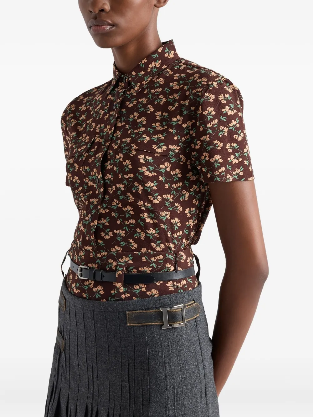 Prada Floral-pattern Patch-pocket Shirt In Brown