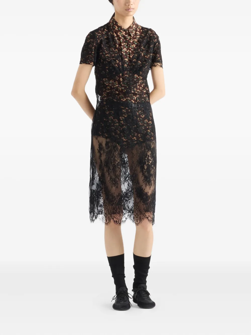 Prada scalloped lace mini dress - Zwart