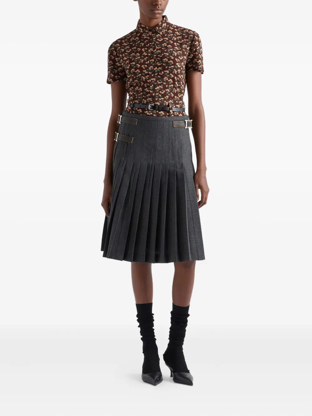 Prada Midi-plooirok met leren bandje - Grijs