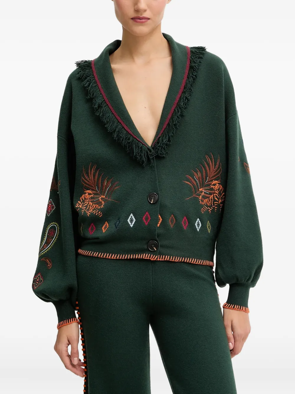 NEVER FULLY DRESSED fringed embroidered cardigan | Green | Image 1