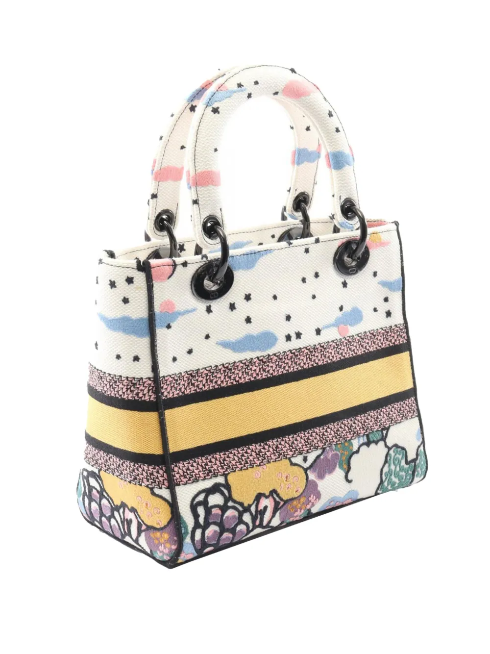 Pre-owned Dior 2021-2025 Medium Embroidered Canvas Ciel De Reve Lady D Lite Satchel In White