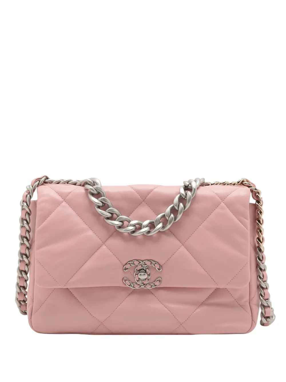 Pre-owned Chanel 2021-2025 Large Lambskin 19 Flap Satchel In Pink