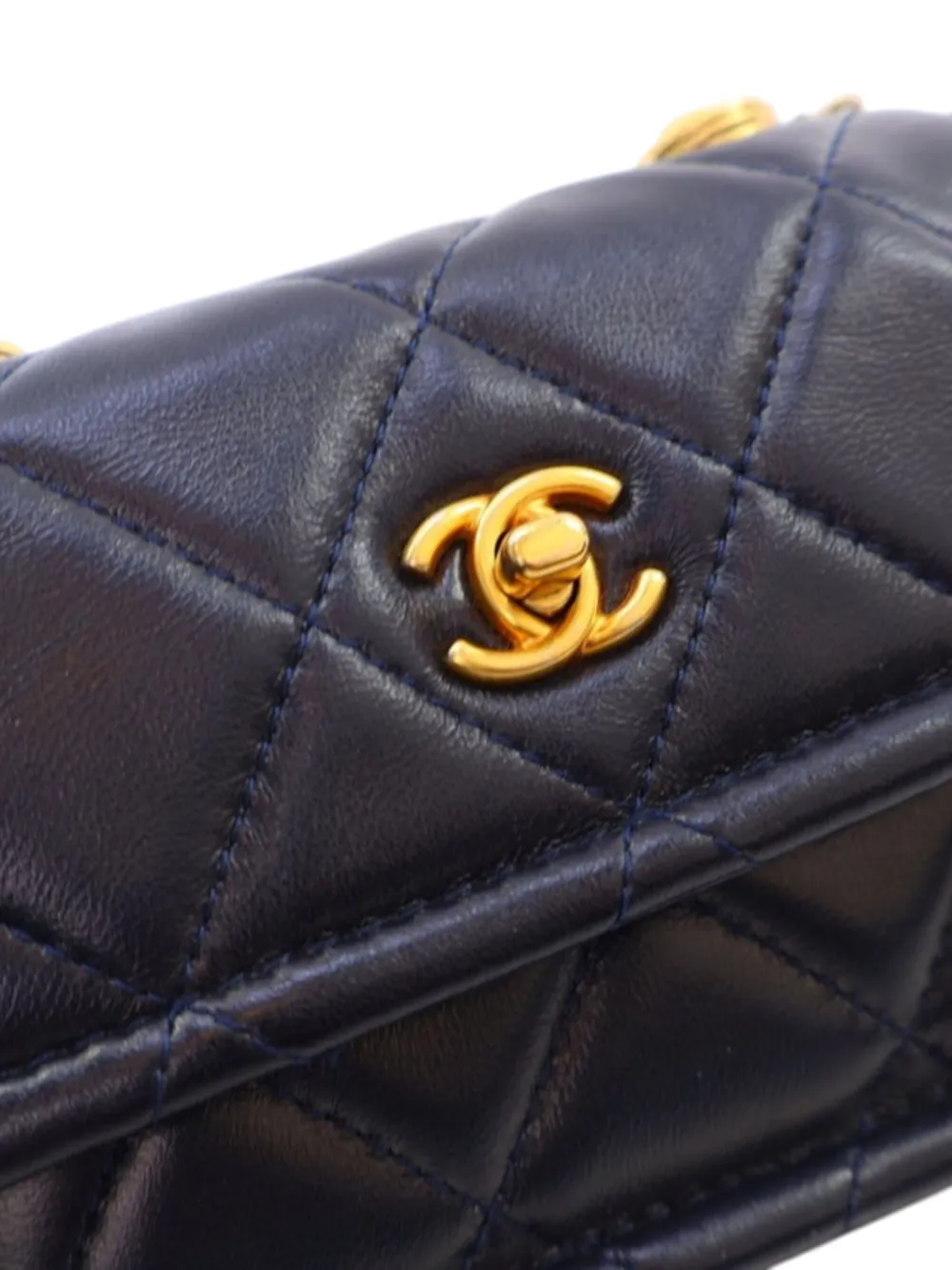 Pre-owned Chanel 2020 Mini Quilted Shiny Lambskin Button On Top Flap Satchel In Blue