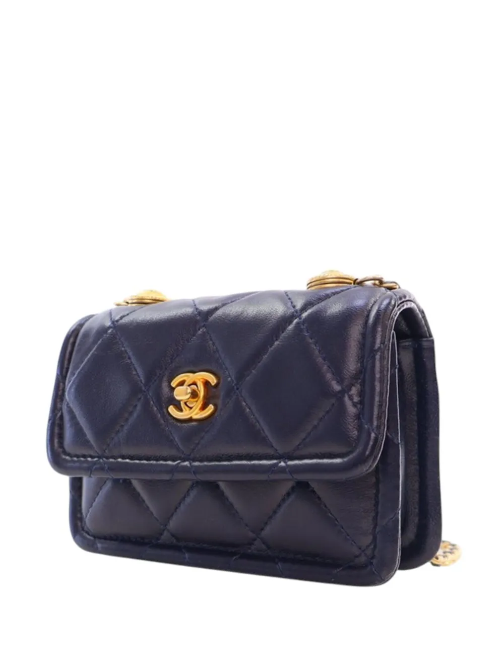 Pre-owned Chanel 2020 Mini Quilted Shiny Lambskin Button On Top Flap Satchel In Blue