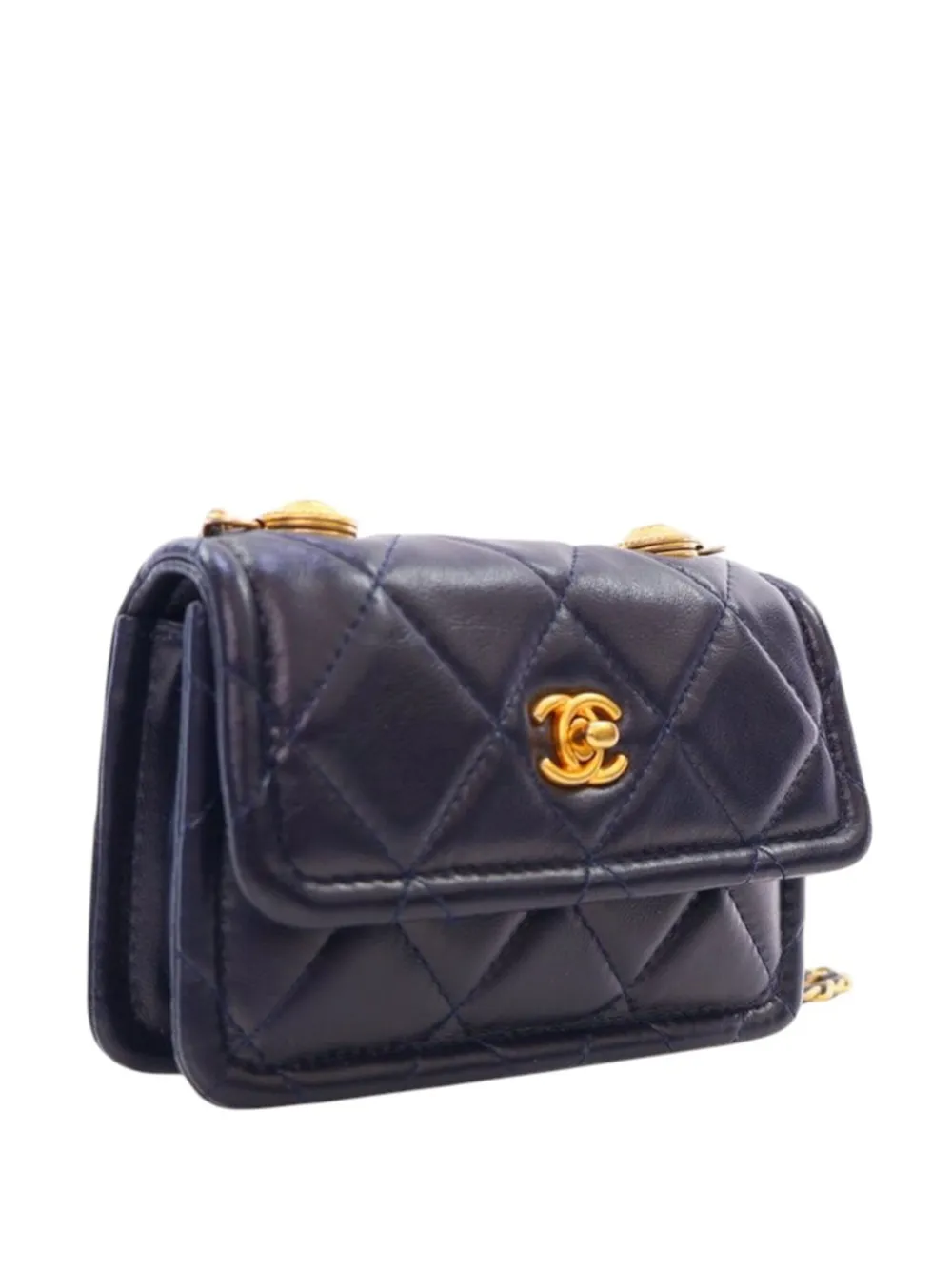 Pre-owned Chanel 2020 Mini Quilted Shiny Lambskin Button On Top Flap Satchel In Blue