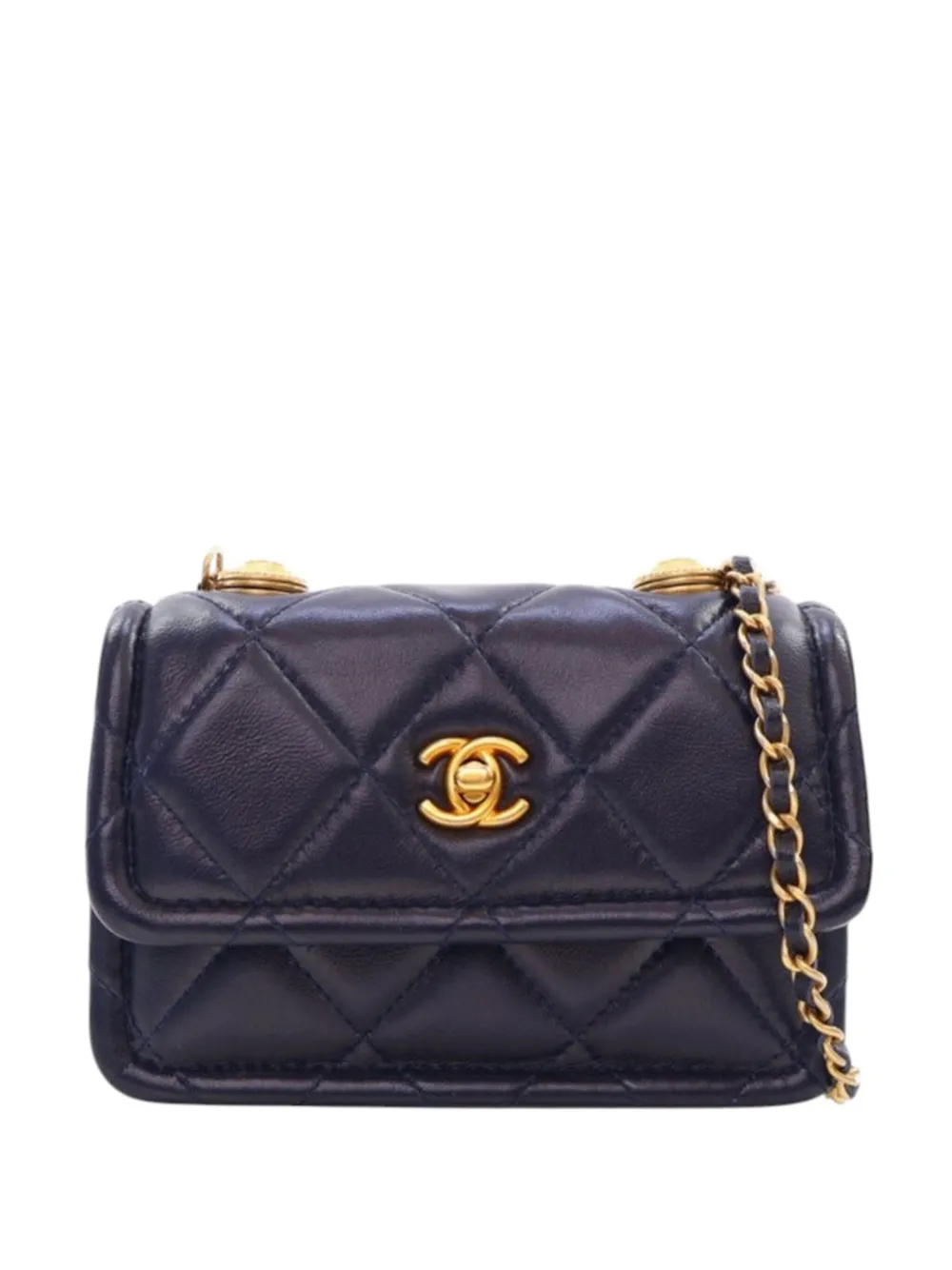 Pre-owned Chanel 2020 Mini Quilted Shiny Lambskin Button On Top Flap Satchel In Blue