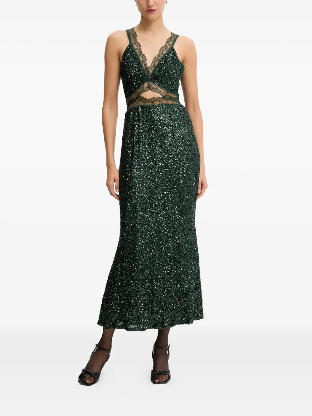 NEVER FULLY DRESSED sequin lace-detail midi dress - Groen