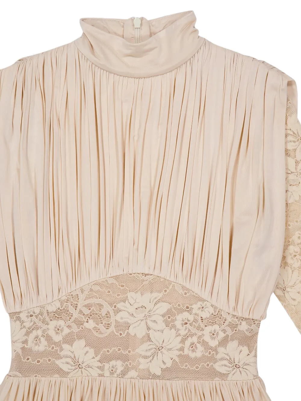 Zimmermann Ruched Stretch-jersey And Lace Maxi Dress In Neutral