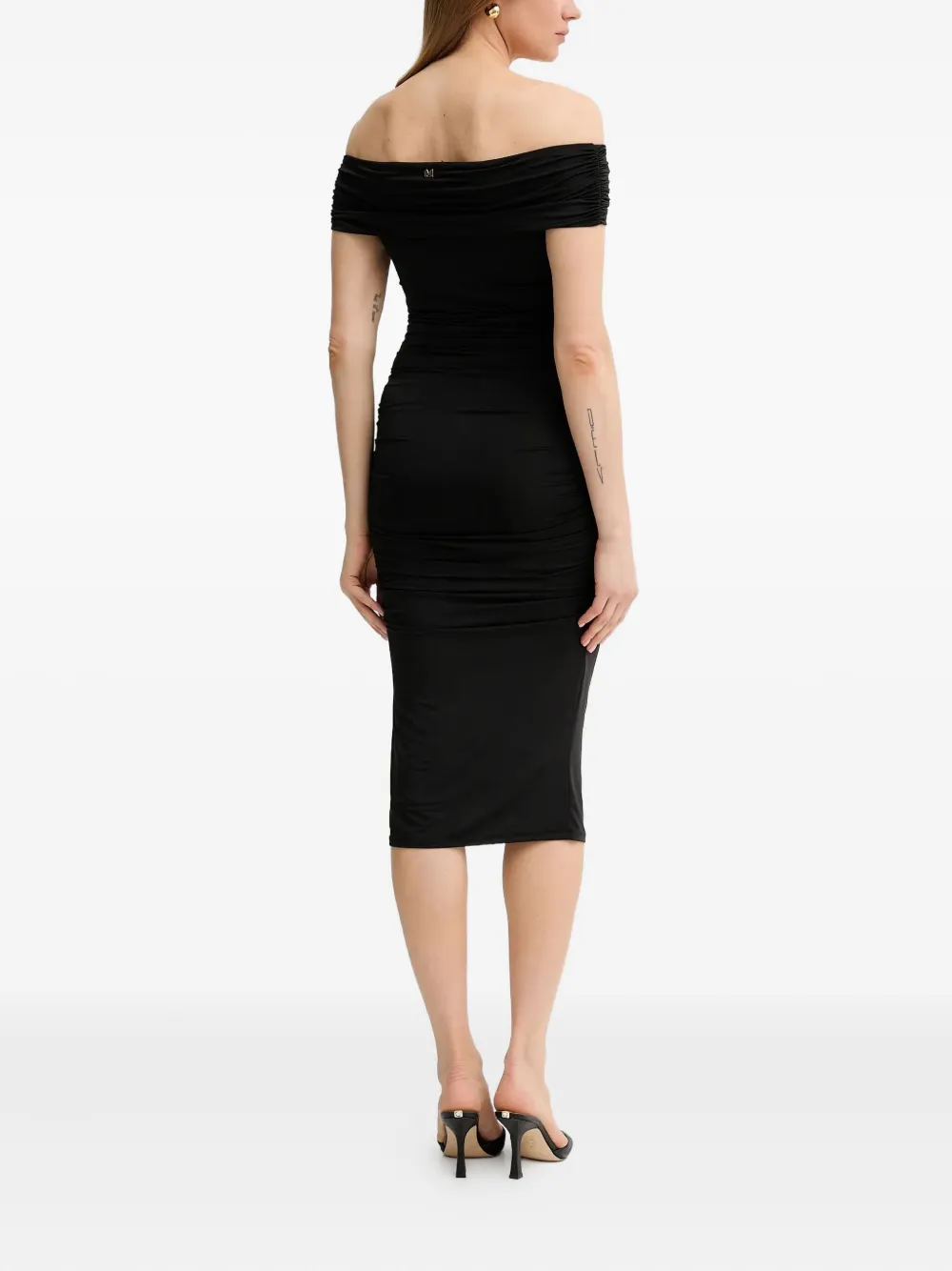 Marciano Off-shoulder Ruched Midi Dress In Black