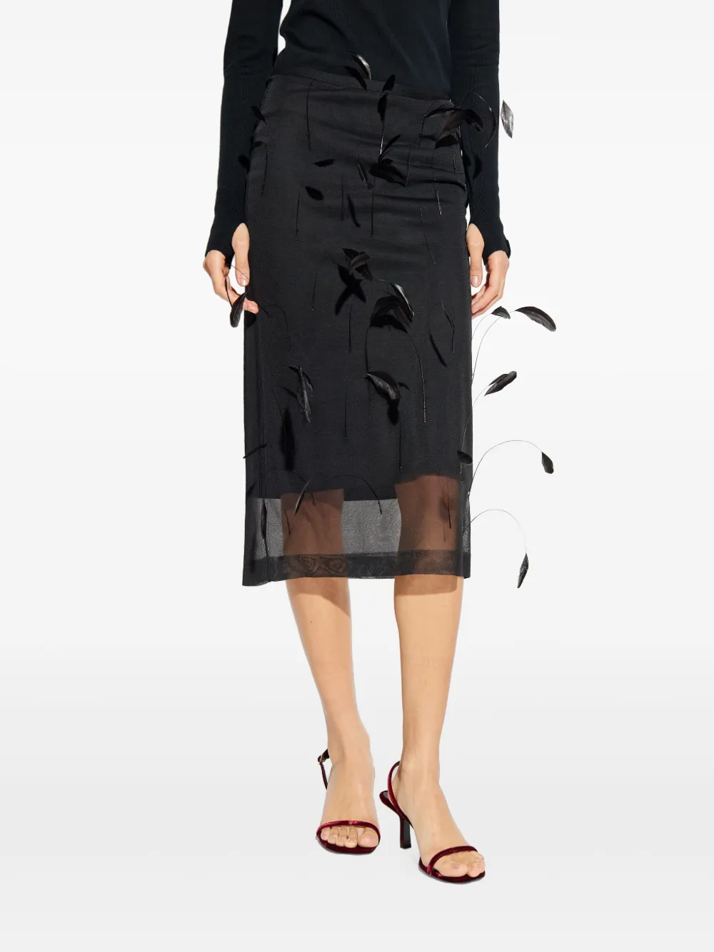 Jil Sander Feather-embellished Midi Skirt In Black