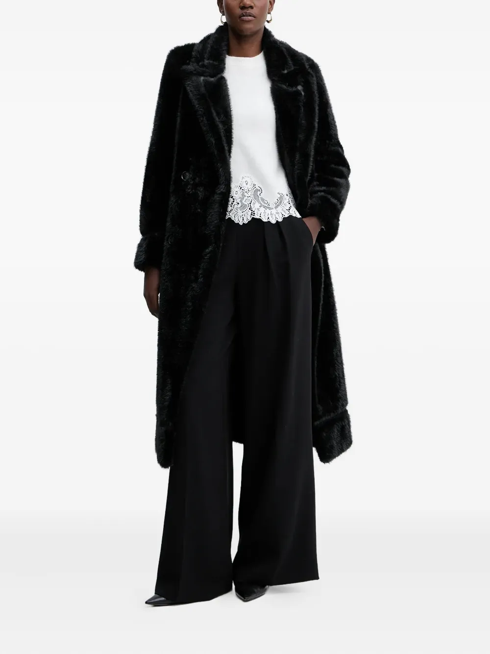 Twinset Double-breasted Faux-fur Coat In Black