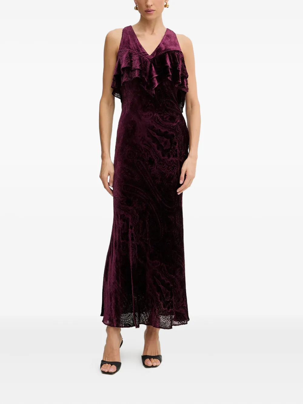 Twinset Ruffled-neck Velvet Maxi Dress In Red