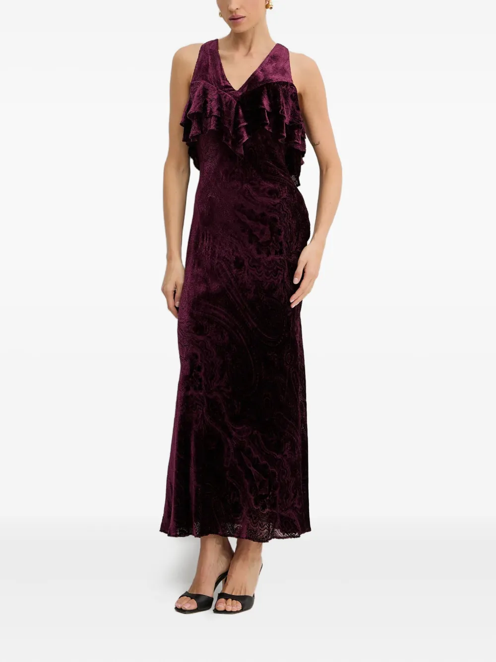 Twinset Ruffled-neck Velvet Maxi Dress In Red