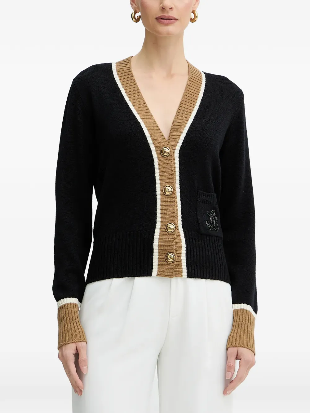 LUISA SPAGNOLI Monoposto beaded-logo buttoned cardigan - Nero