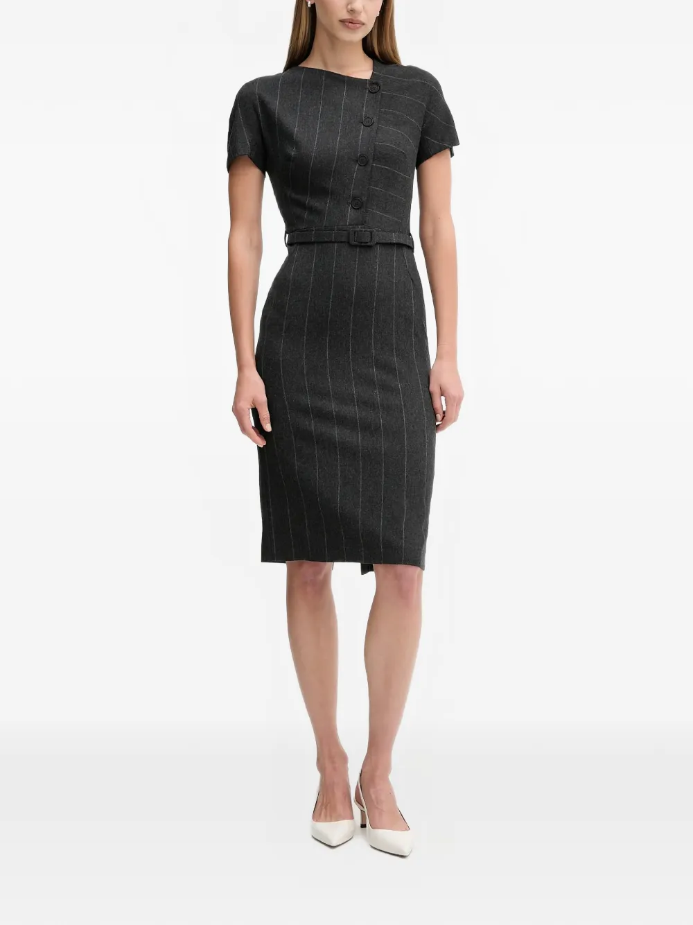 Sandro Ferrone pinstripe-pattern belted midi dress - Grijs