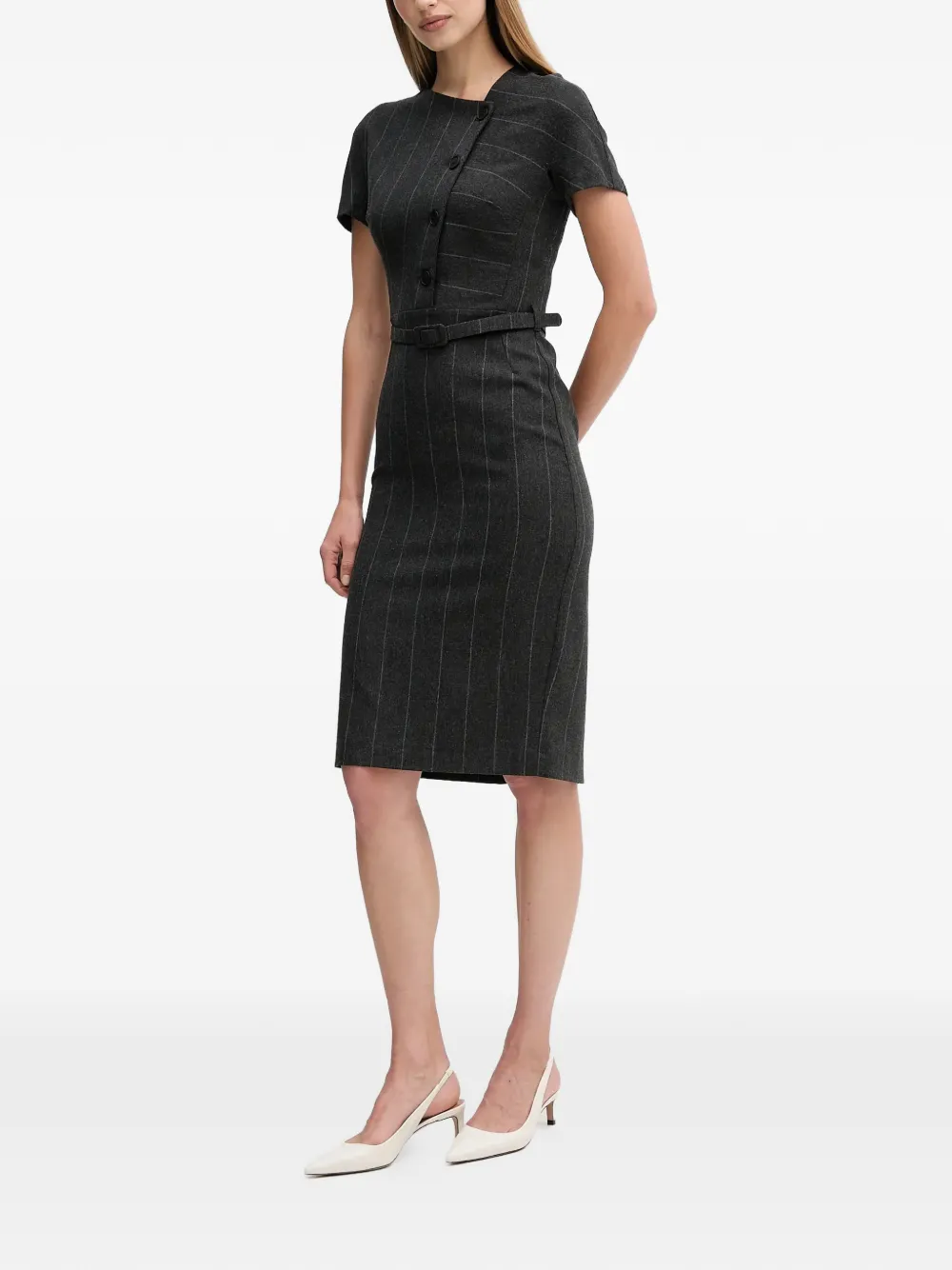  Sandro Ferrone Pinstripe-pattern Belted Midi Dress - Grey 