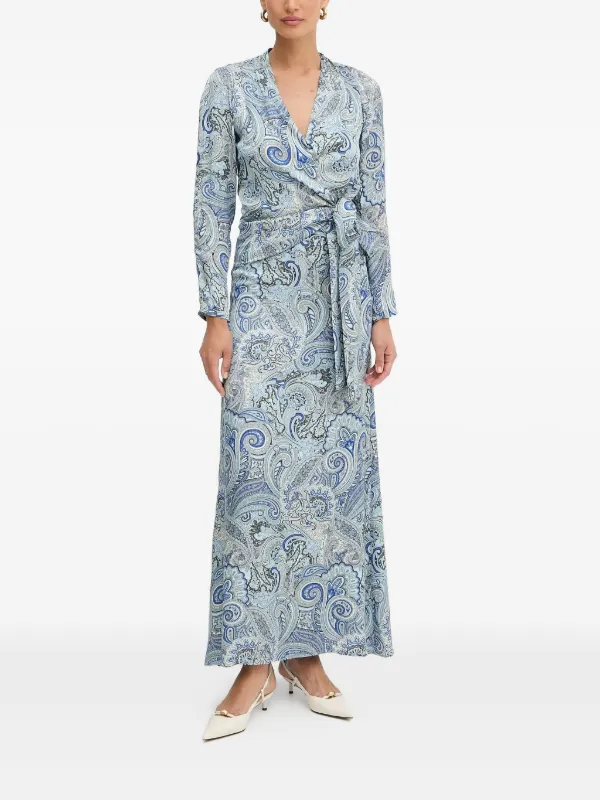 guess blue maxi dress Guess Long Blouson Sleeve V-Neck Pleated Wrap Dress, Womens, 0, Navy