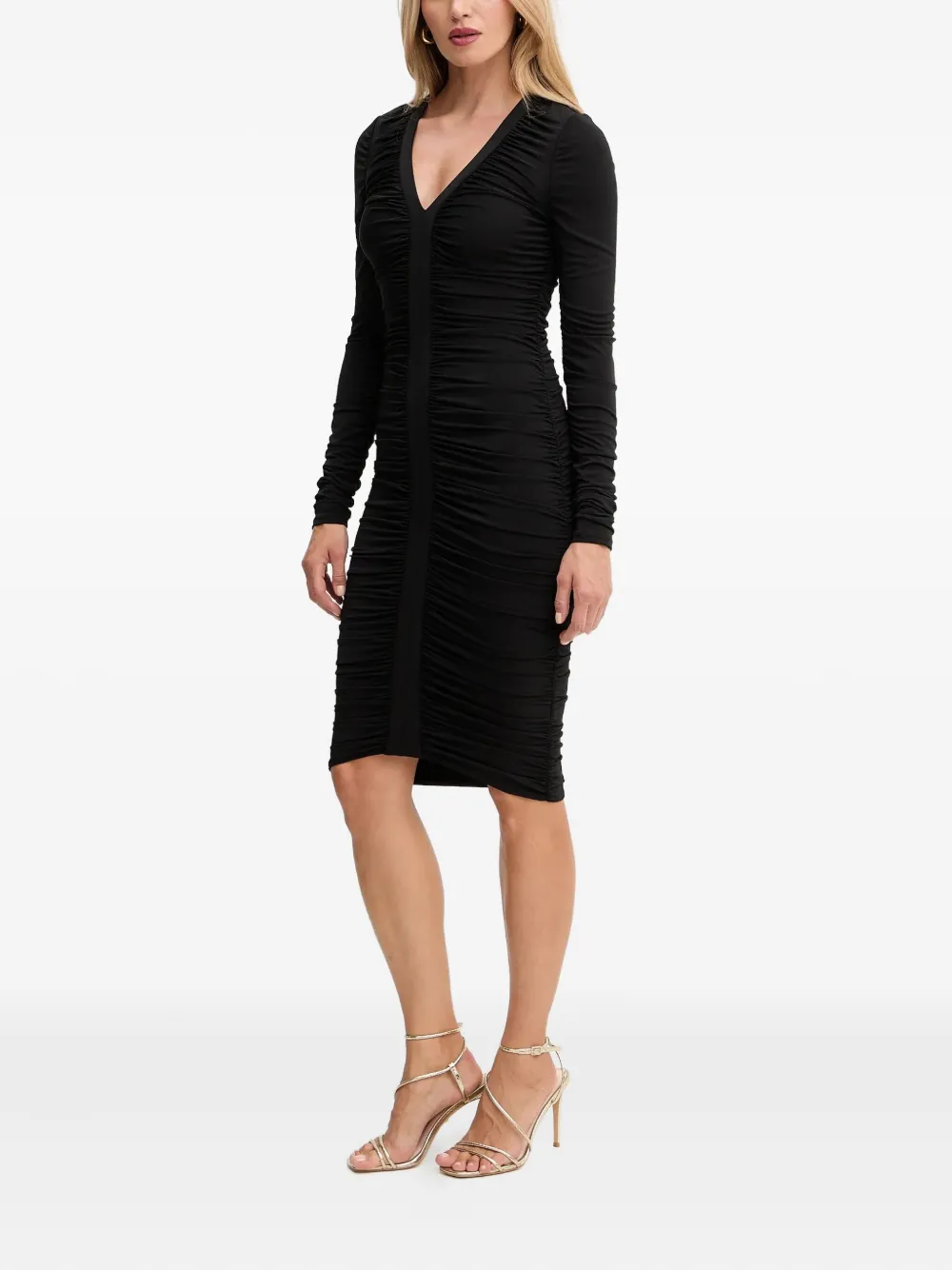 Marciano Ruched-detail V-neck Midi Dress In Black