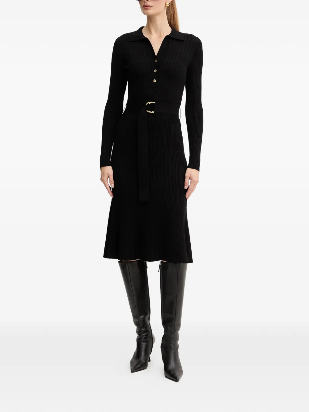 Marciano long-sleeve belted midi dress - Zwart
