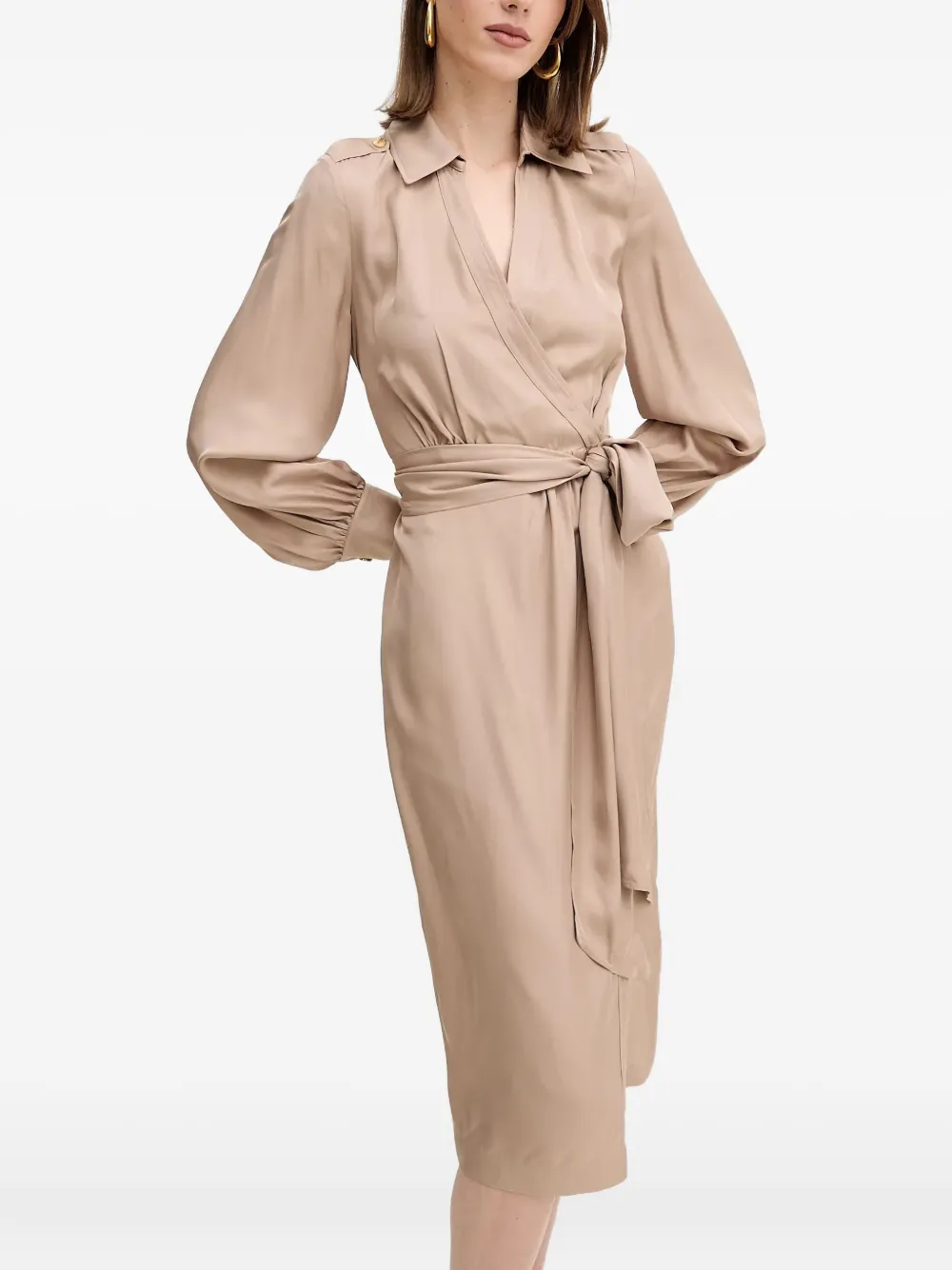 Marciano tie-waist long-sleeve midi dress - Beige