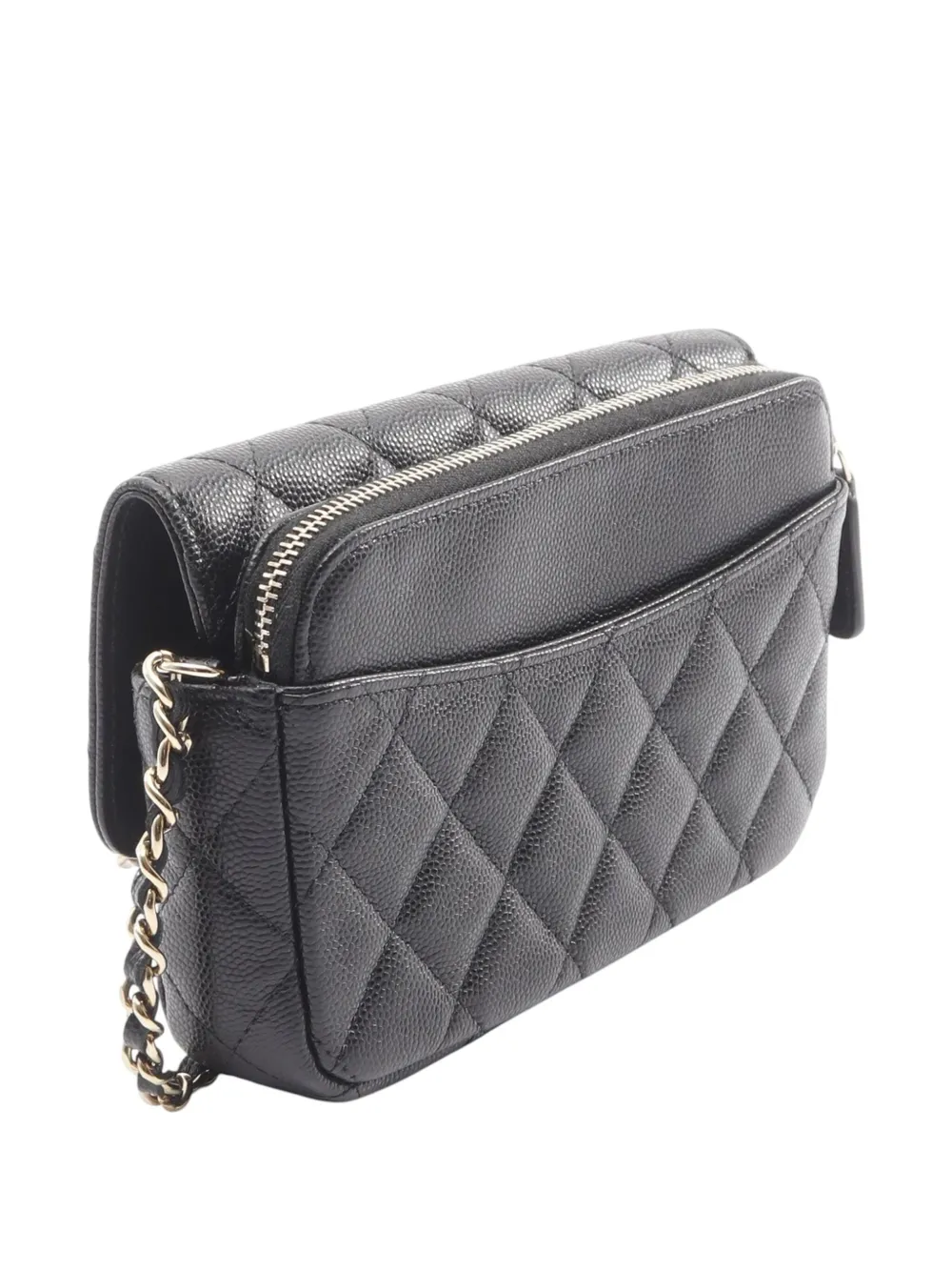 Pre-owned Chanel 2021-2025 Cc Quilted Caviar Flap Phone Holder Wallet On Chain Crossbody Bag In Black