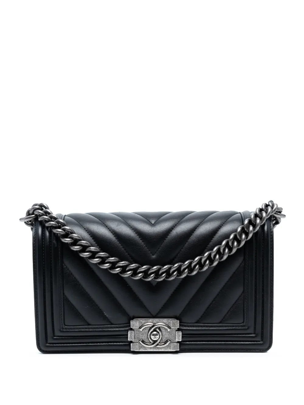 Pre-owned Chanel 2014-2015 Old Medium Chevron Lambskin Boy Flap Crossbody Bag In Black