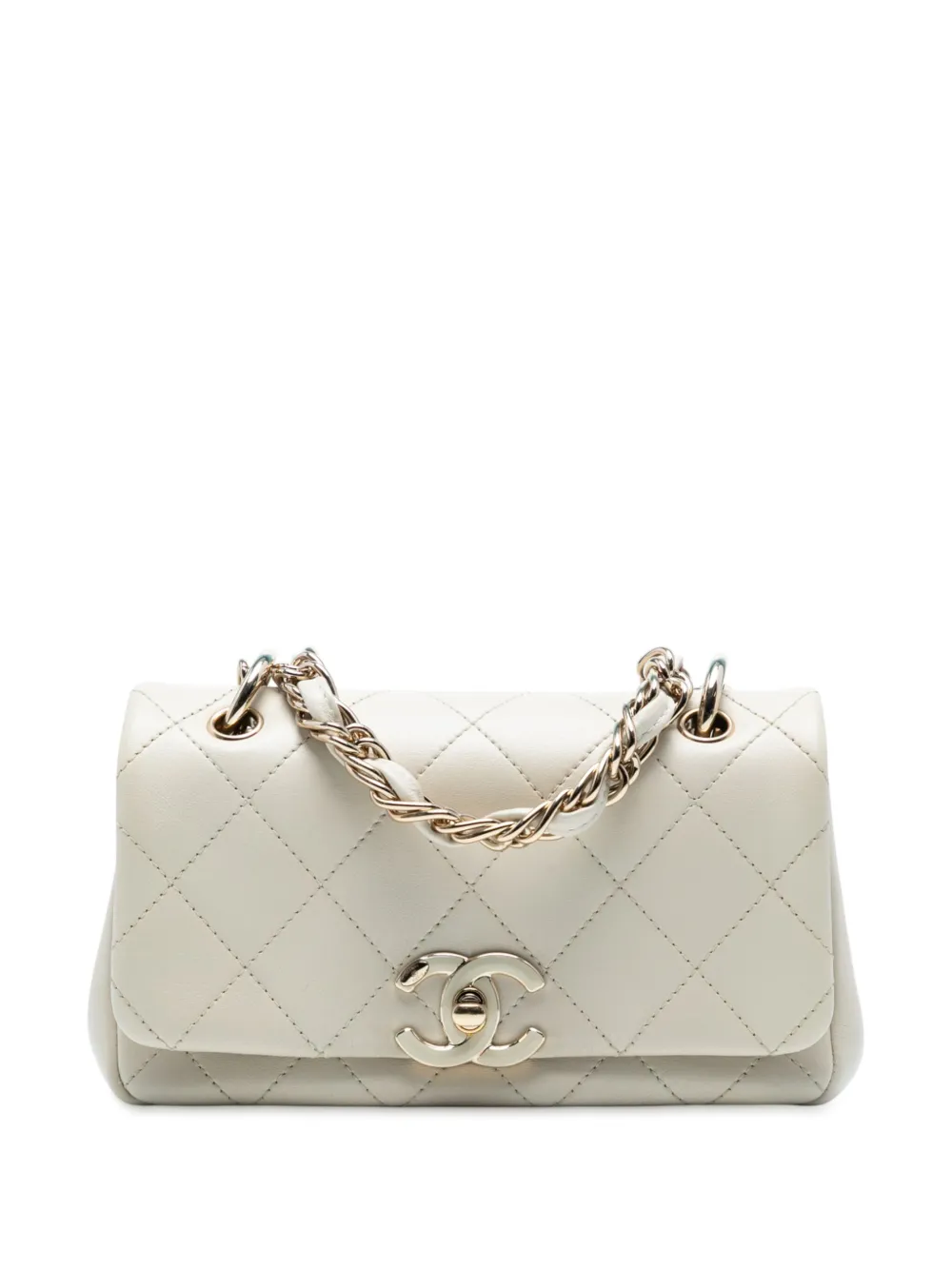 Pre-owned Chanel 2020 Medium Lambskin Twist Chain Enamel Cc Flap Crossbody Bag In White