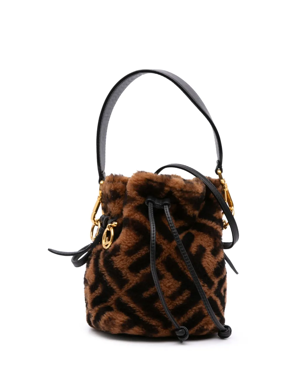 Pre-owned Fendi 2010-2025 Mini Zucca Shearling Mon Tresor Bucket Bag In Brown