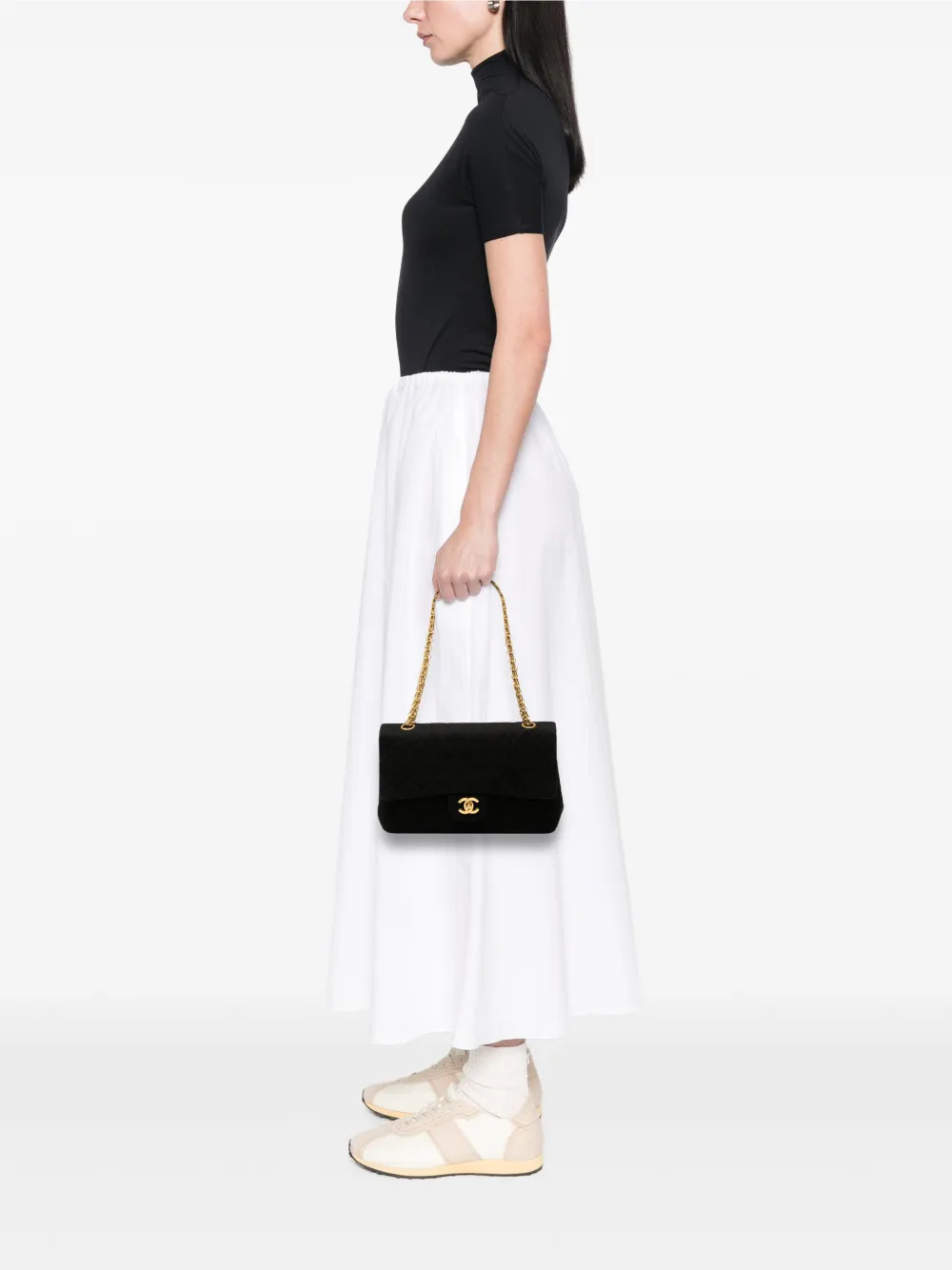 CHANEL Pre-owned 1989-1991 Medium Classic Jersey Double Flap Shoulder Bag In Black