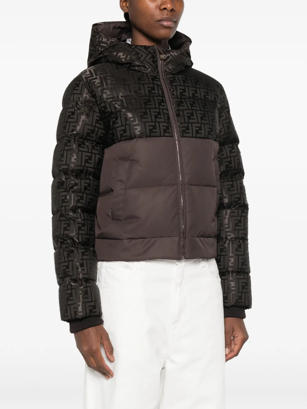 FENDI FF donsjack met capuchon en logo Bruin