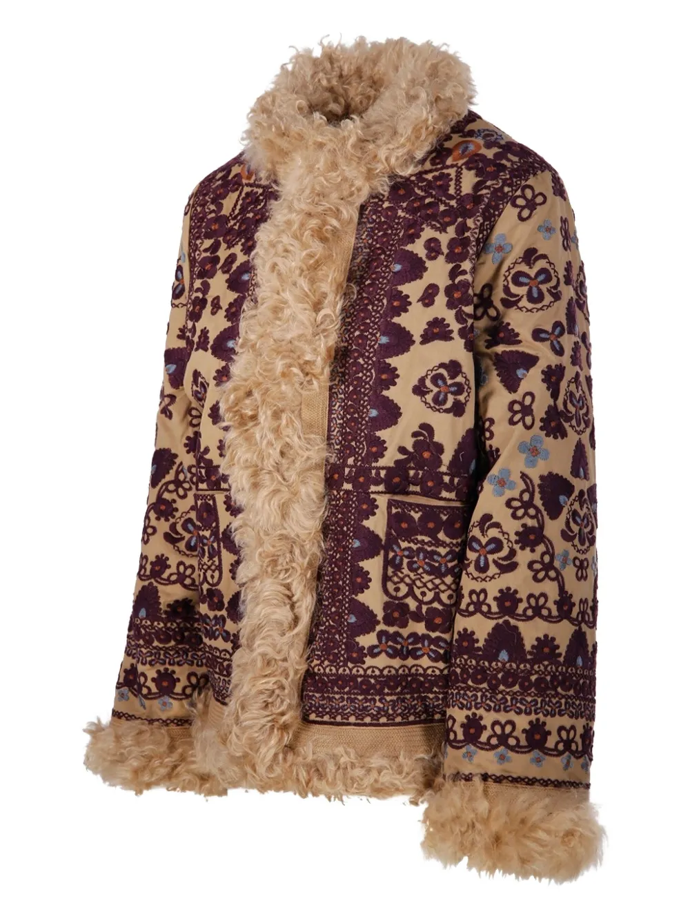 Antik Batik Floral Fur Trim Jacket In Brown