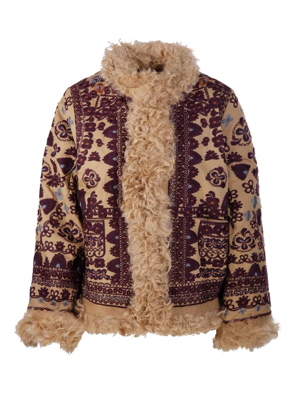 Antik Batik Floral Fur Trim Jacket In Brown