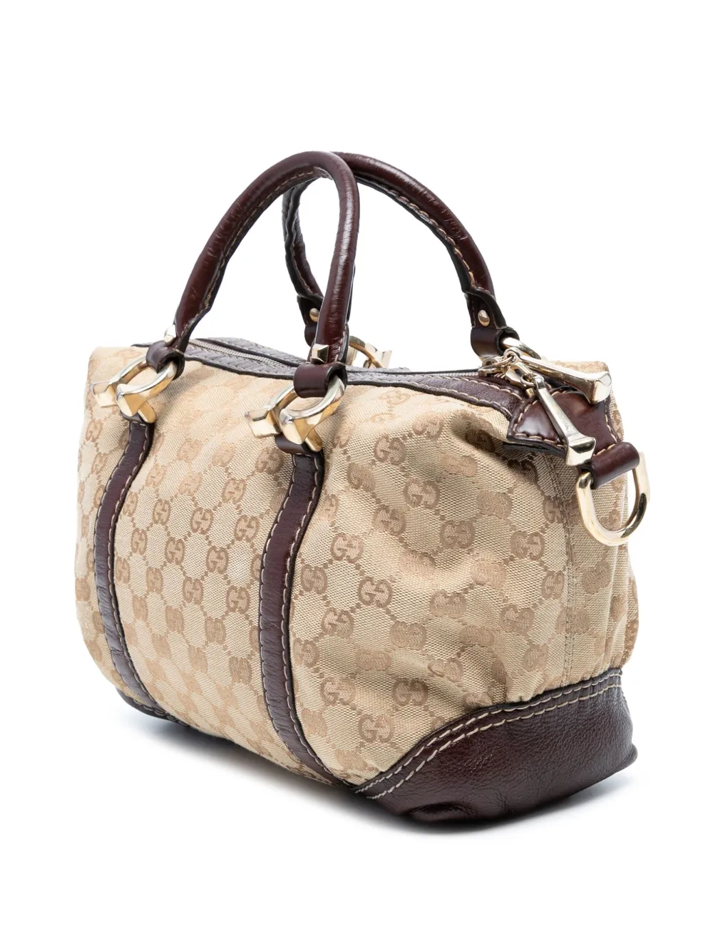 Pre-owned Gucci 2016-2025 Gg Canvas Horsebit Nail Boston Bag Satchel In Brown