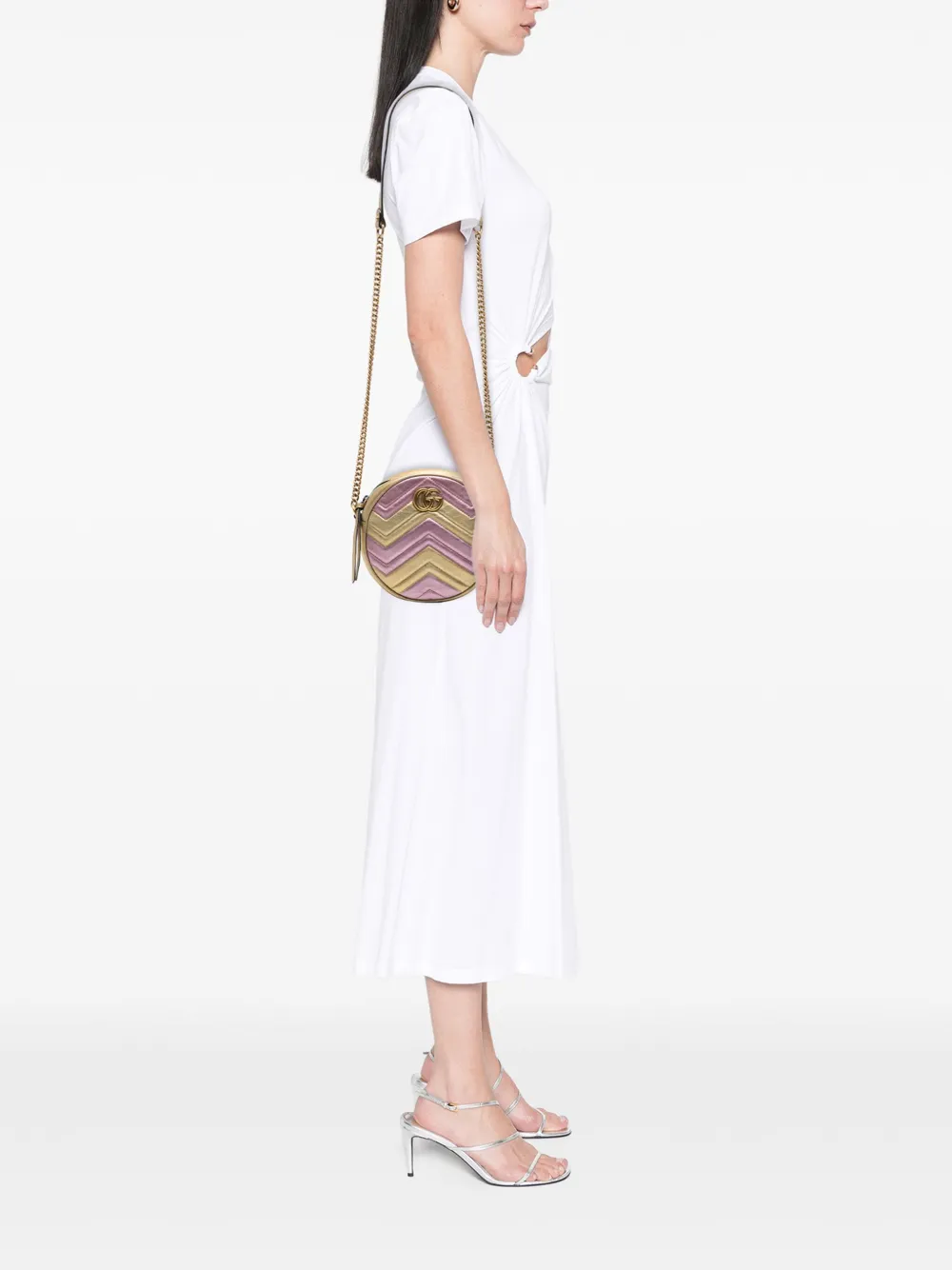 Pre-owned Gucci 2016-2025 Mini Gg Marmont Matelasse Metallic Leather Round Crossbody Bag In Gold