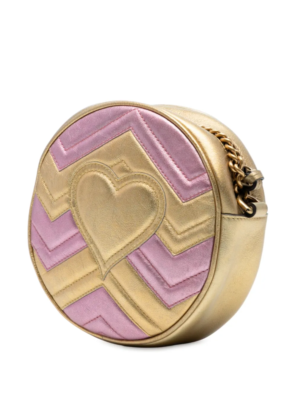 Pre-owned Gucci 2016-2025 Mini Gg Marmont Matelasse Metallic Leather Round Crossbody Bag In Gold