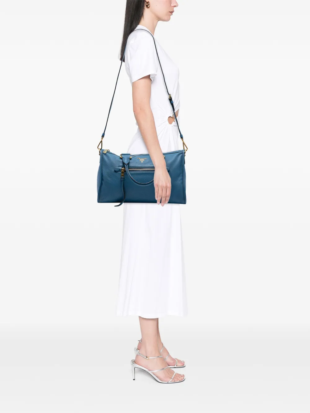 Pre-owned Prada 2013-2025 Vitello Daino Zip Top Satchel In Blue