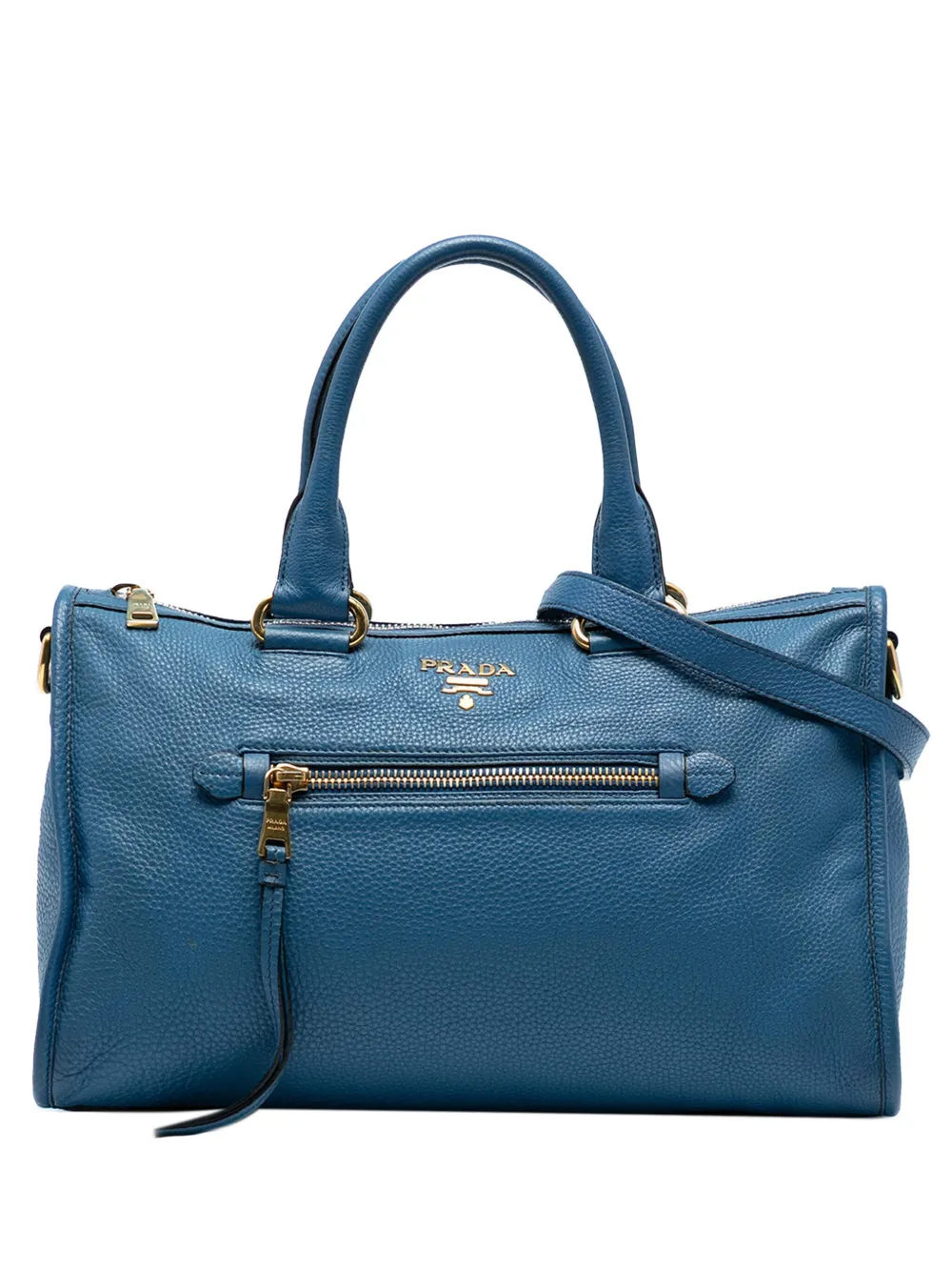 Pre-owned Prada 2013-2025 Vitello Daino Zip Top Satchel In Blue