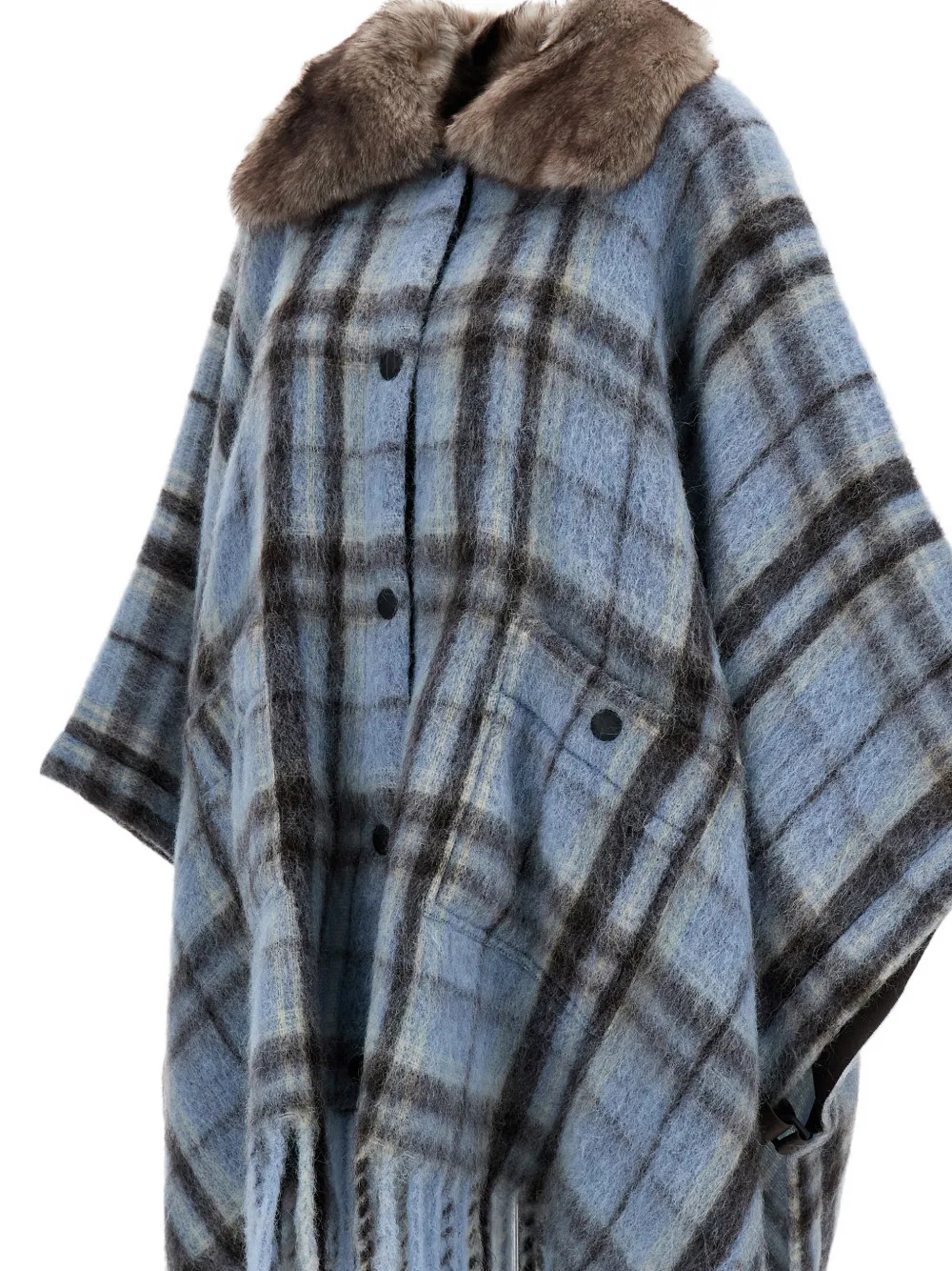 Moncler Faux-fur Collar Fringed Cape In Blue