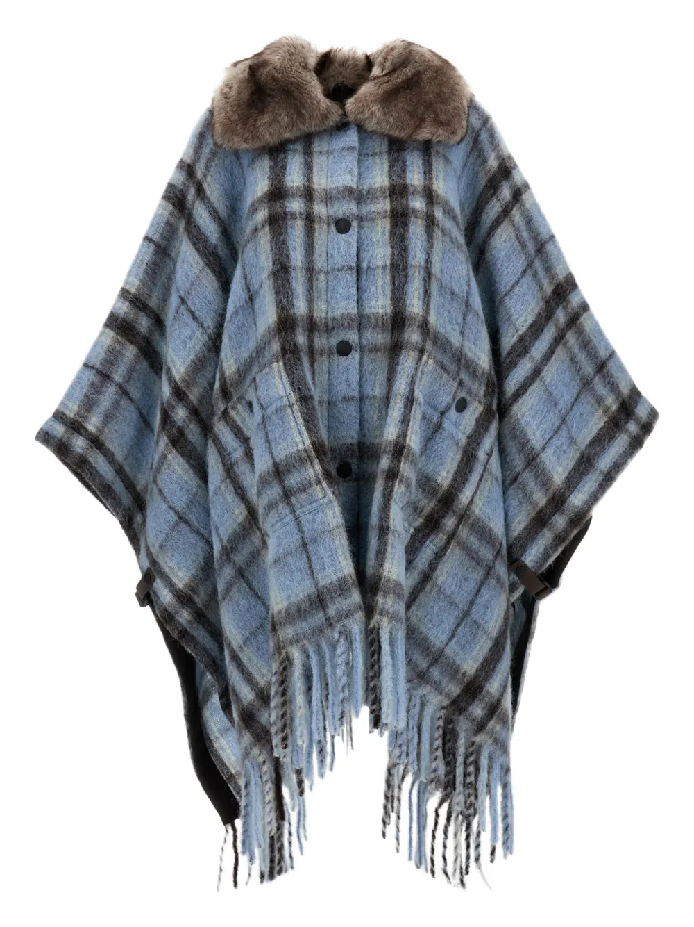 Moncler Faux-fur Collar Fringed Cape In Blue