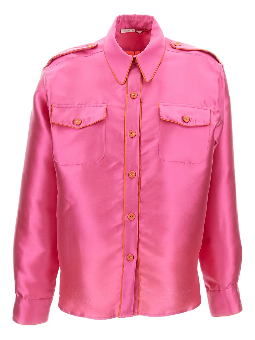 Pinag Contrast-piping Flap-pockets Silk Shirt In Pink